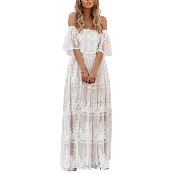 ✦Off Shoulder White Lace Embroidered Maxi Dress✦ - Picture 3 of 7